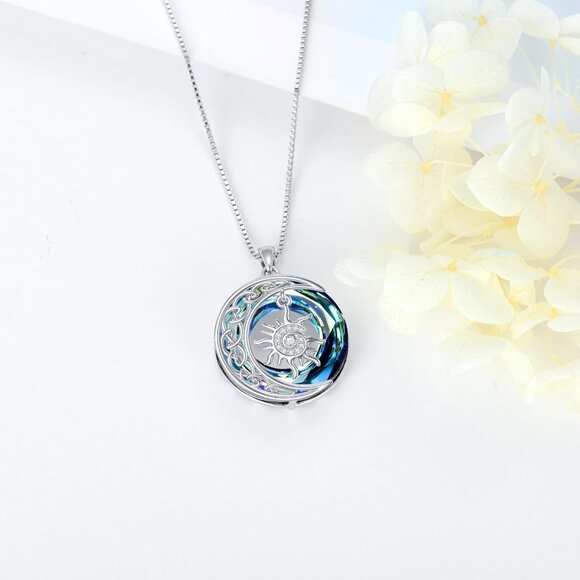 925 Sterling Silver Sun and Moon Crystal Necklace for Women Girls - Picture 3 of 7